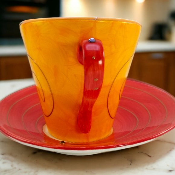 Artistic Porcelain Coffee Mug & Saucer Set, Whimsical Orange-Red Mug-Rhinestones - Picture 3 of 14